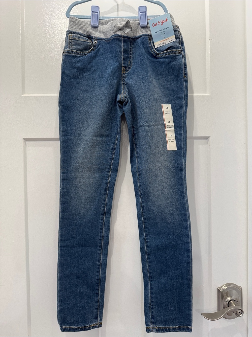 NWT Cat & Jack Girl Blue Pull On Skinny Jeans Gray Elastic Waistband Size 10